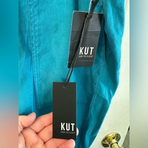 NWT KUT from the Kloth Sandra Smocked Waist Linen Blend Pant XXL Teal Cerulean - Picture 5 of 12
